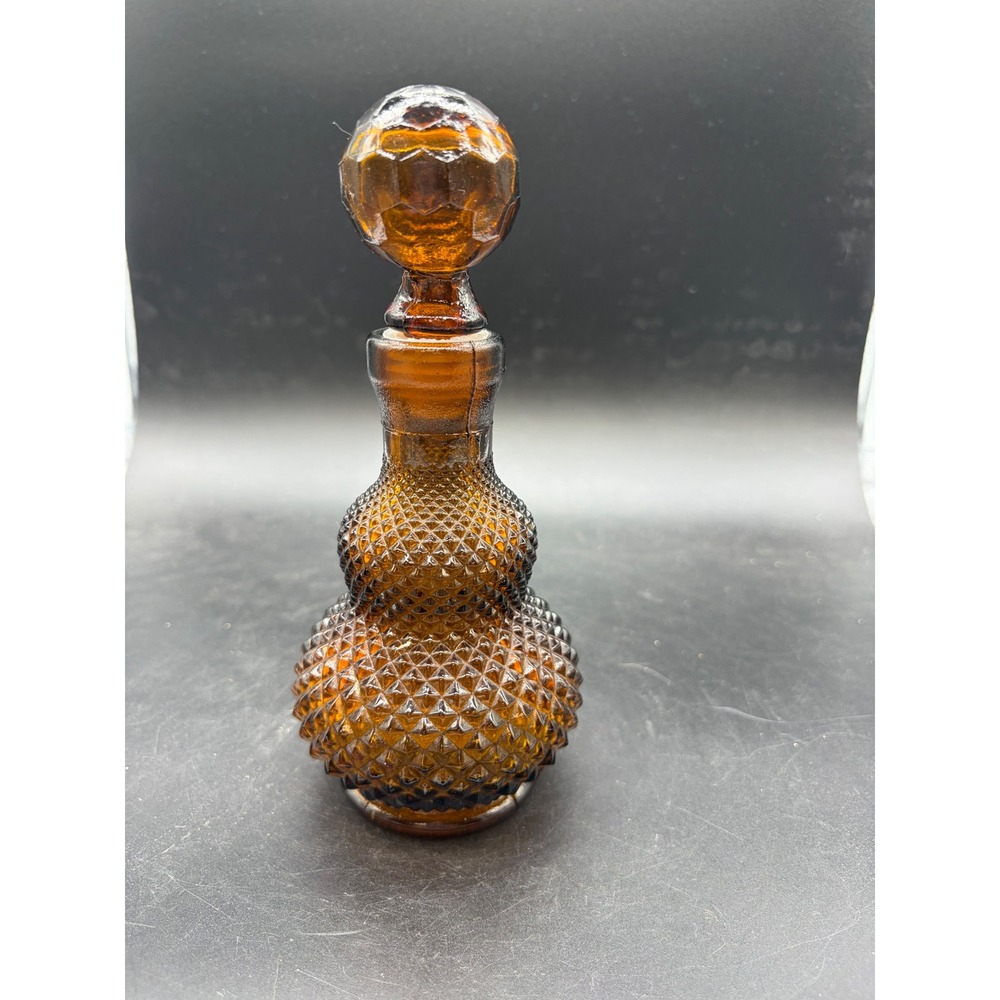 Vintage Amber Glass Hobnail Bottle Diamond‎ Point Gourd Shape w/Stopper
